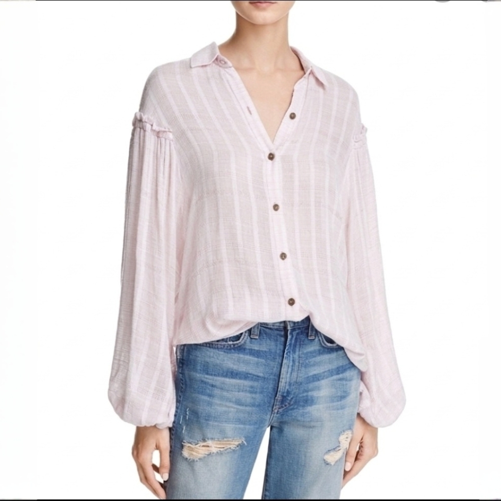 Free People Headed To The Highlands Button Front Top Blouse Size Large Pale Pink